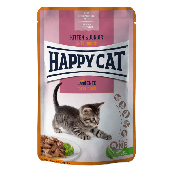 Вологий корм Happy Cat (Хеппі Кет) MIS Kitten & Junior L-Ente Pouch для кошенят качка шматочки в cоусі 85 г.