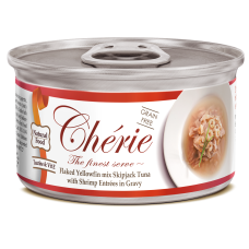 Вологий корм Cherie (Шері) Signature Gravy Mix Tuna & Shrimp для котів з ніжними шматочками жовтоперого та смугастого тунця та креветок в соусі 85 г .