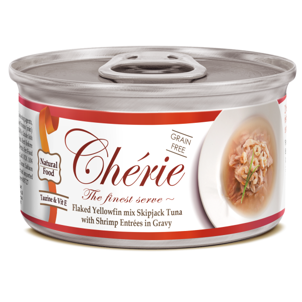 Вологий корм Cherie (Шері) Signature Gravy Mix Tuna & Shrimp для котів з ніжними шматочками жовтоперого та смугастого тунця та креветок в соусі 85 г.