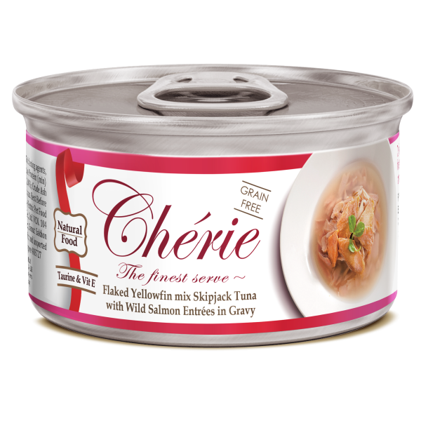 Вологий корм Cherie (Шері) Signature Gravy Mix Tuna & Wild Salmon для котів з ніжними шматочками жовтоперого та смугастого тунця та дикого лосося в соусі 85 г.