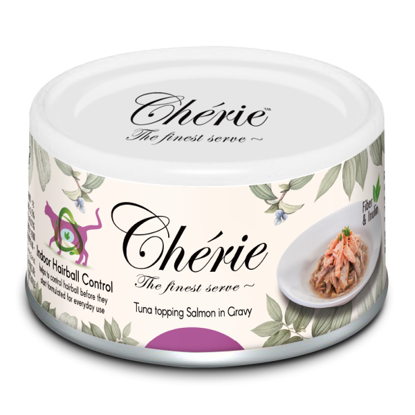 Вологий корм Cherie (Шері) Hairball Control Tuna & Salmon для котів зі шматочками тунця та лосося в соусі для запобігання утворення шерстяних грудочок 85 г.