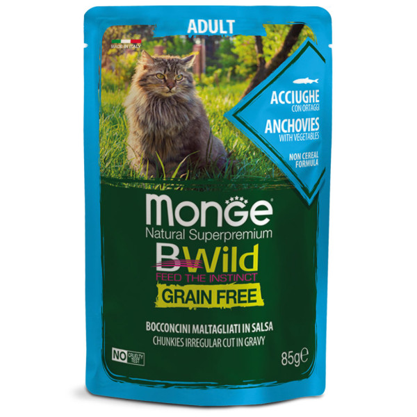 Вологий корм MONGE (Монж) CAT BWILD GR.FREE WET для котів анчоус з овощами 85 г