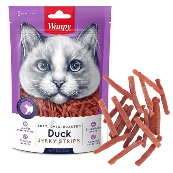 Ласощі Wanpy Soft Duck Jerky Strips для котів в'ялені смужки з качиного філе 80 г