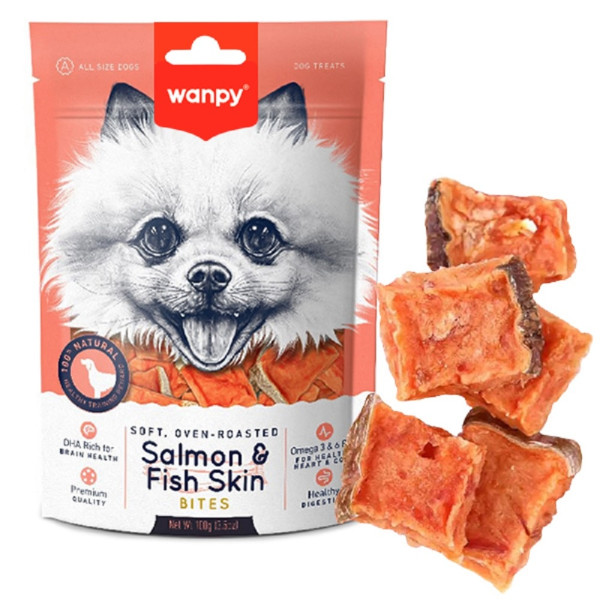 Ласощі Wanpy Soft Salmon Fish Skin Bites для собак м'які шматочки лосося 100 г