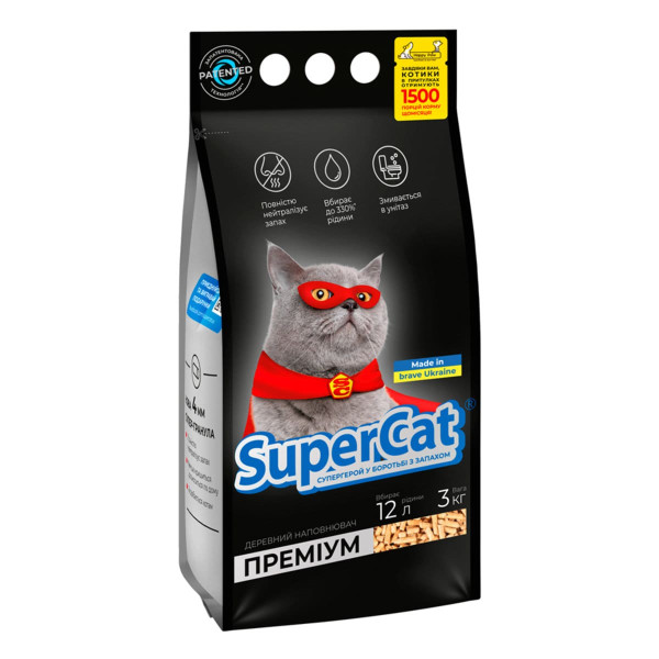 Наповнювач SuperCat ПРЕМІУМ для котячого туалету Деревний поглинаючий 3 кг