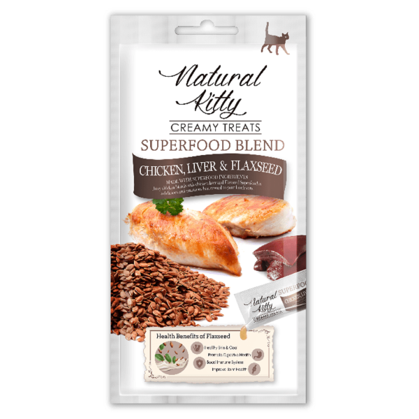 Вологі ласощі Natural Kitty Creamy treats CHICKEN, LIVER & FLAXSEED крем-снек для котів курка, печінка та насіння льону 4 х 12 г