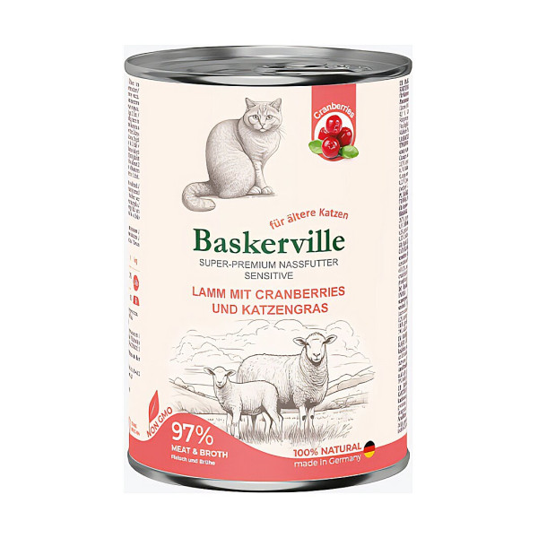 Вологий корм Baskerville (Баскервіль) Sensitive для котів Ягня з журавлиною та котячої травою, чутливе травлення 400 г