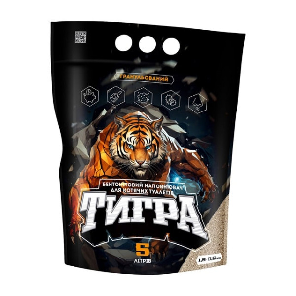 Натуральний бентонітовий наповнювач Тигра для котячих туалетів 5 кг велика гранула 2.5-5 мм