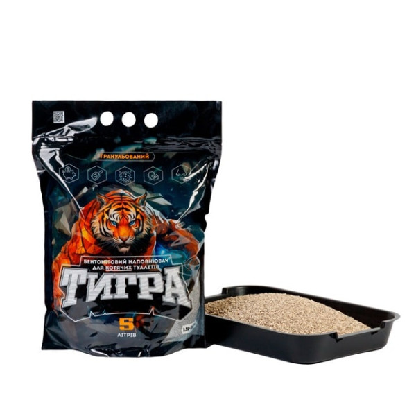 Натуральний бентонітовий наповнювач Тигра для котячих туалетів 5 кг велика гранула 2.5-5 мм