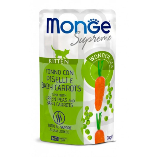 Вологий корм MONGE Supreme Kitten Cat Tuna Flakes with Green Peas and Baby Carrots для кошенят тунець з горошком і міні морквою 80 г