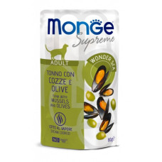 Вологий корм MONGE Supreme Adult Cat Tuna Flakes with Mussels & Olives для котів з тунцем мідіями і оливками 80 г