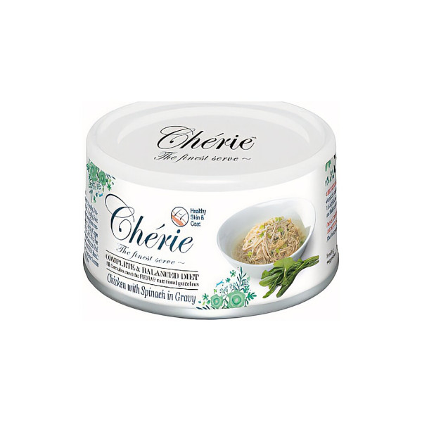 Вологий корм Cherie (Шері) Complete & Balanced Chicken with spinach in gravy Hair & Coat для підтримки здоров'я шкіри та шерсті котів зі шматочками курки та шпинату в соусі 80 г