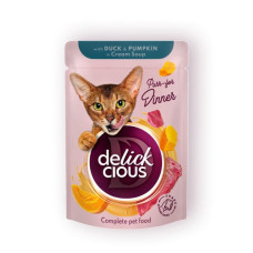 Вологий корм DELICKCIOS Duck & Pumpkin in Cream Soup Стріпси з качкою та гарбузом у крем-супі для котів