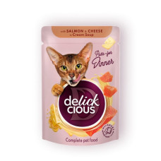 Вологий корм DELICKCIOS Salmon & Cheese in Cream Soup Стріпси з лососем та сиром у крем-супі для котів