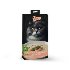 Ласощі кремові для котів Mavsy Creamy superfood SALMON AND TUNA FILLET WITH ALFALFA AND SPLASHED OF CATNIP FOR CATS у вигляді тунцево-лососевого крем супу з квітучою люцерною та вкрапленнями котячої м'яти, 15 г (5 шт) 75 г