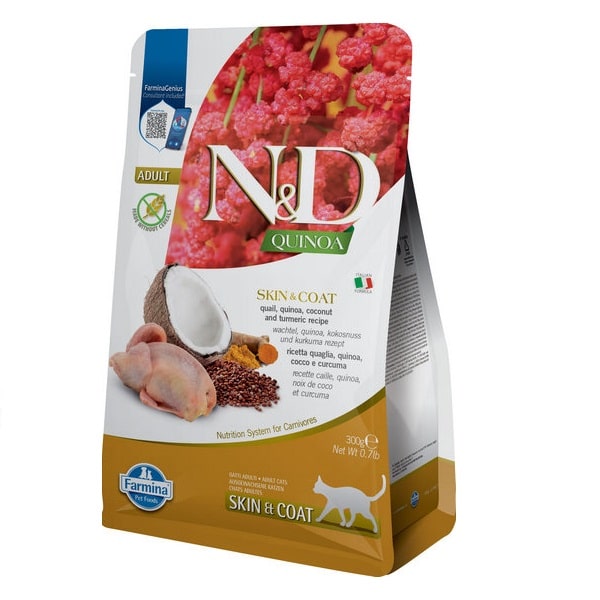 Сухий беззерновий корм N&D Quinoa Skin&Coat ADULT для котів при харчовій алергії з перепелом, кіноа, кокос та куркума 300 г