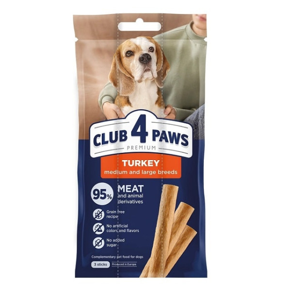 Ласощі для собак середніх та великих порід м'ясна паличка з індичкою Club 4 Paws 3 шт х 20 г