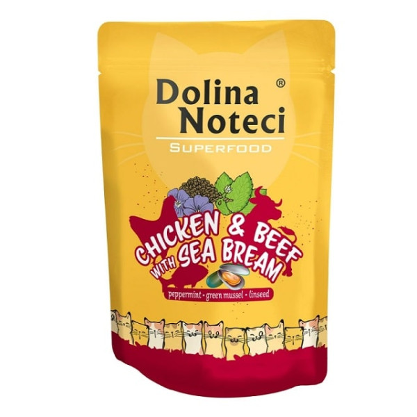 Вологий корм для котів Dolina Noteci Superfood з курятиною, яловичиною і дорадо 85 г