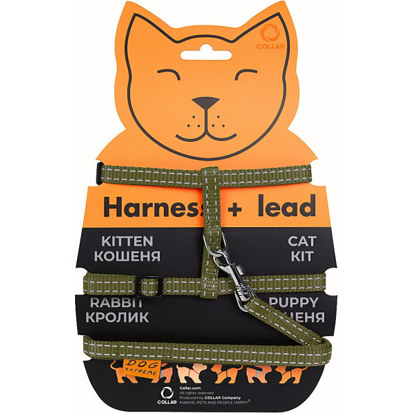Шлея Collar Dog Extremе з нейлону для котів з повідцем (ширина 10мм, А:20-30см, В:25-40см, довжина 110 см) Хакі