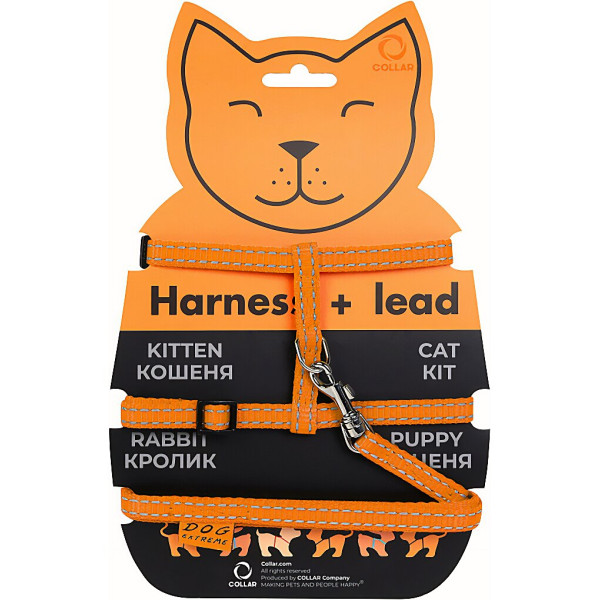 Шлея Collar Dog Extremе з нейлону для котів з повідцем (ширина 10мм, А:20-30см, В:25-40см, довжина 110 см) Помаранчевий