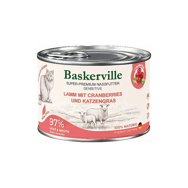 Вологий корм Baskerville (Баскервіль) Sensitive для котів Ягня з журавлиною та котячої травою, чутливе травлення 200 г