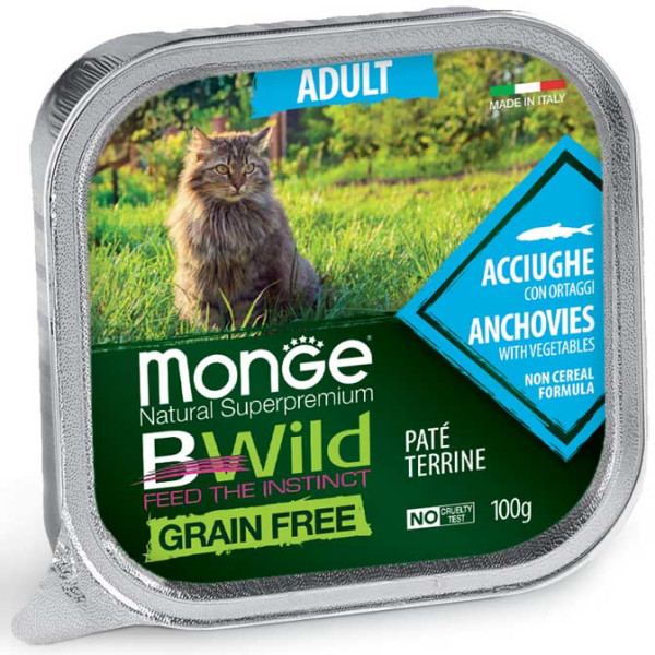 Вологий корм MONGE (Монж) BWild Grain Free Wet Adult Cat Anchovies для котів з анчоусом та овочами 100 г