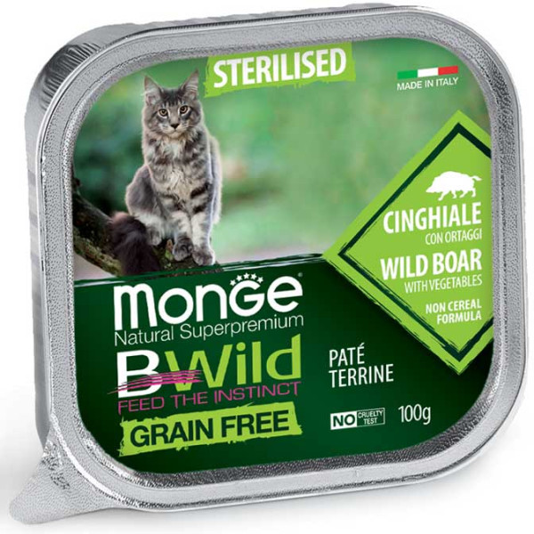 Вологий корм MONGE (Монж) BWild Grain Free Sterilised Cat для котів кабан та овочі 100 г