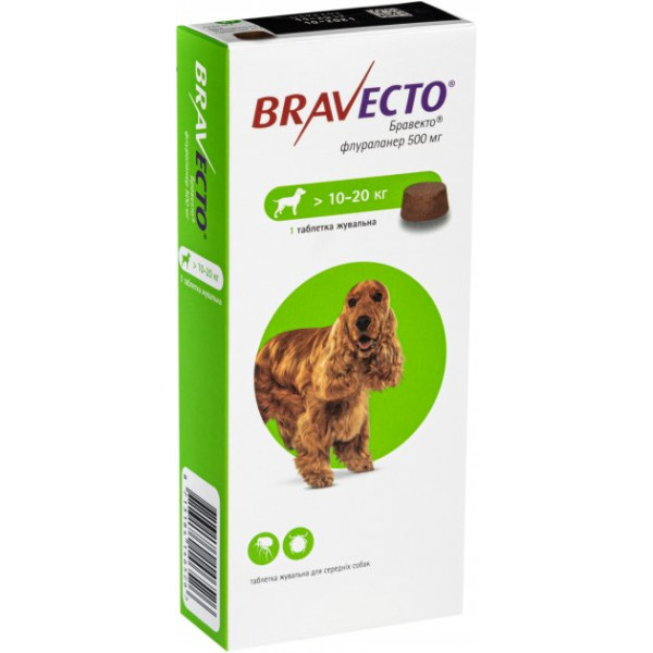 Жувальна таблетка Bravecto (Бравекто) від бліх та кліщів для собак 10 - 20 кг