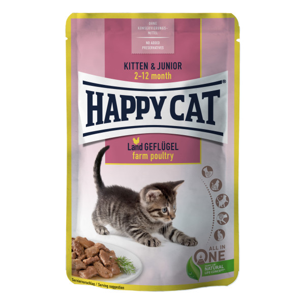 Вологий корм Happy Cat (Хеппі Кет) MIS Kitten & Junior L-Gefl Pouch для кошенят птах шматочки в cоусі 85 г.