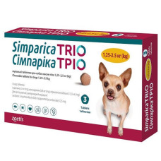 Жувальні таблетки Сімпаріка Тріо Zoetis проти бліх та кліщів для собак вагою від 1.25 — 2.5 кг (1 табл)